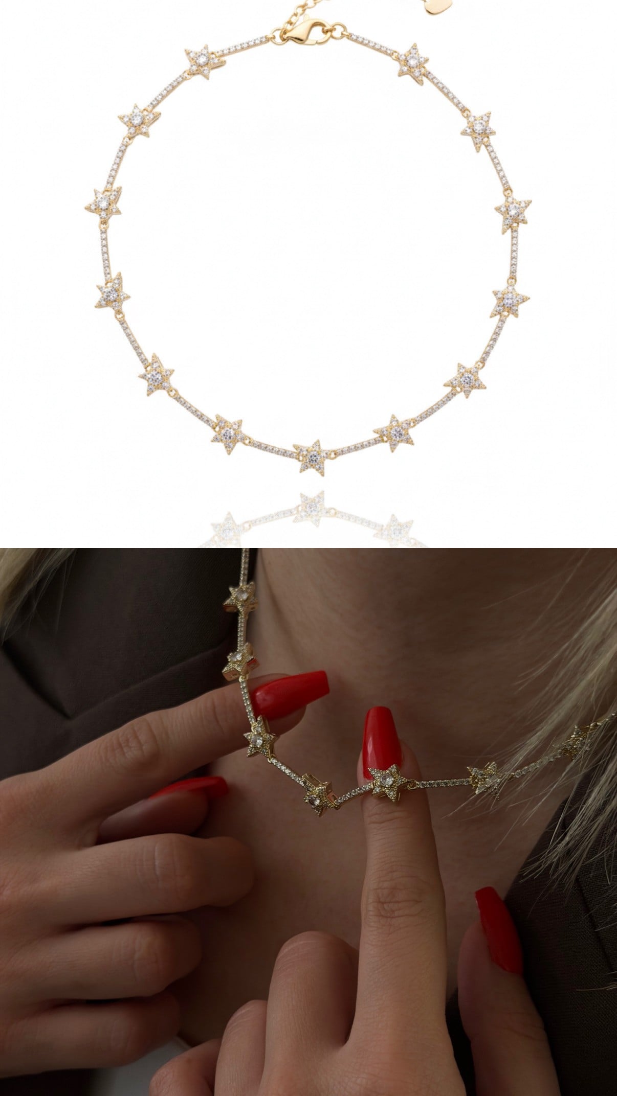 Gold Işıltılı Yıldız Taşlı Choker Kadın Kolye