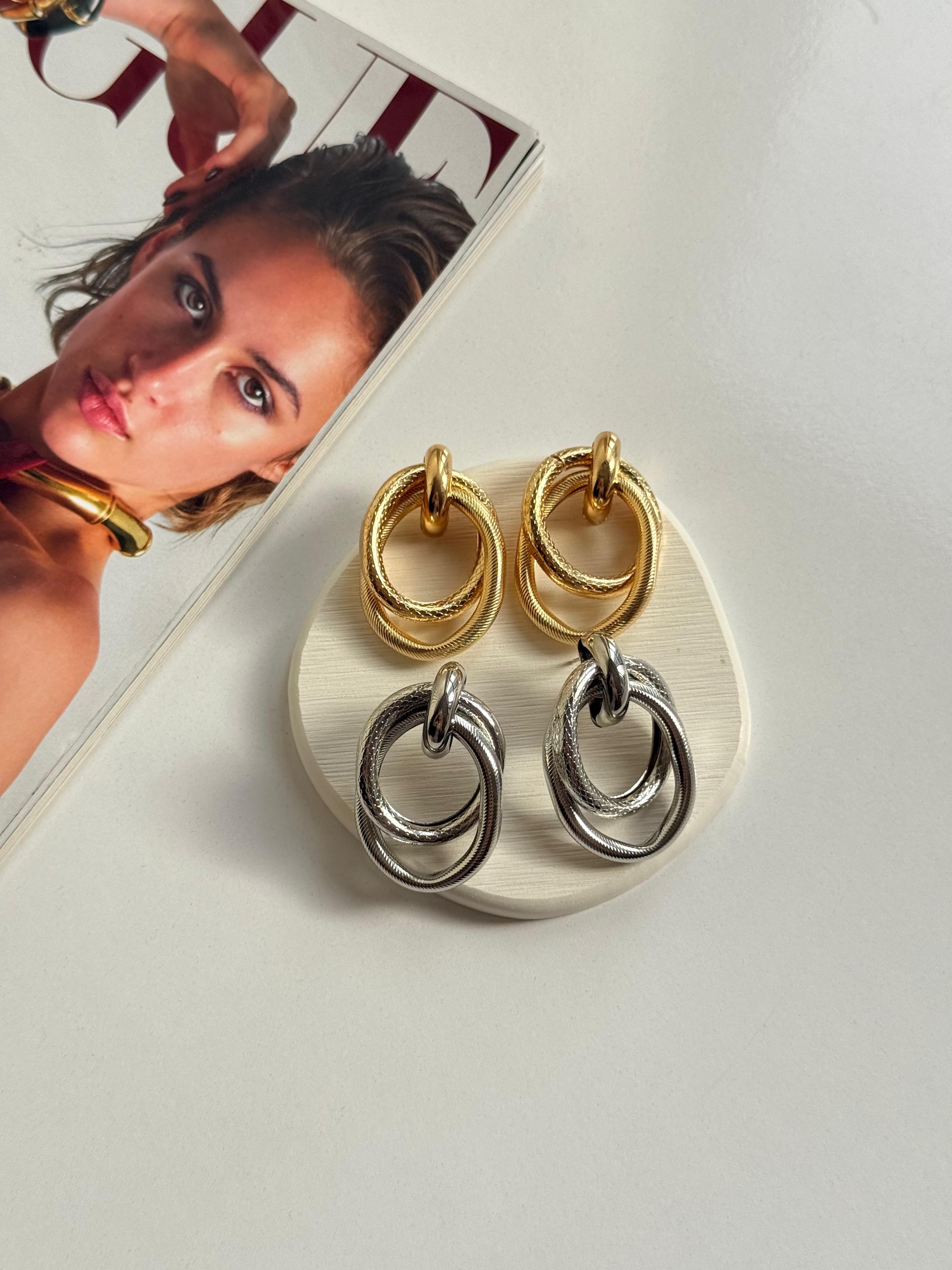 İç İçe Oval Halka Gold Kadın Küpe 