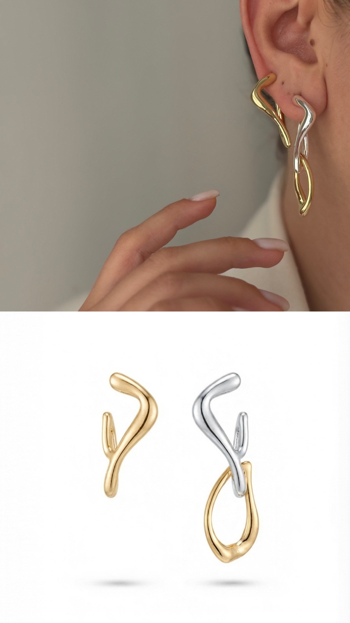 Liora Gold Silver Asimetrik Çelik Küpe
