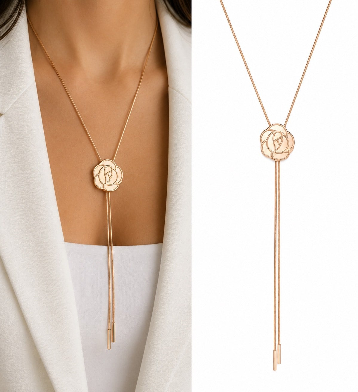 Luna Gül Motifli Ayarlanabilir Uzun Zincir Rose Gold Kolye