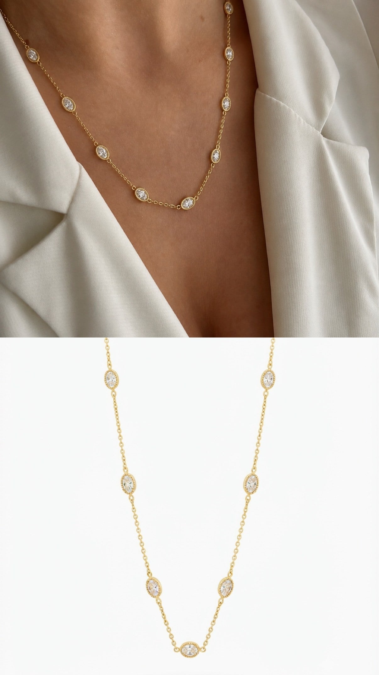Oval Zirkon Taşlı Gold Zincir Kolye