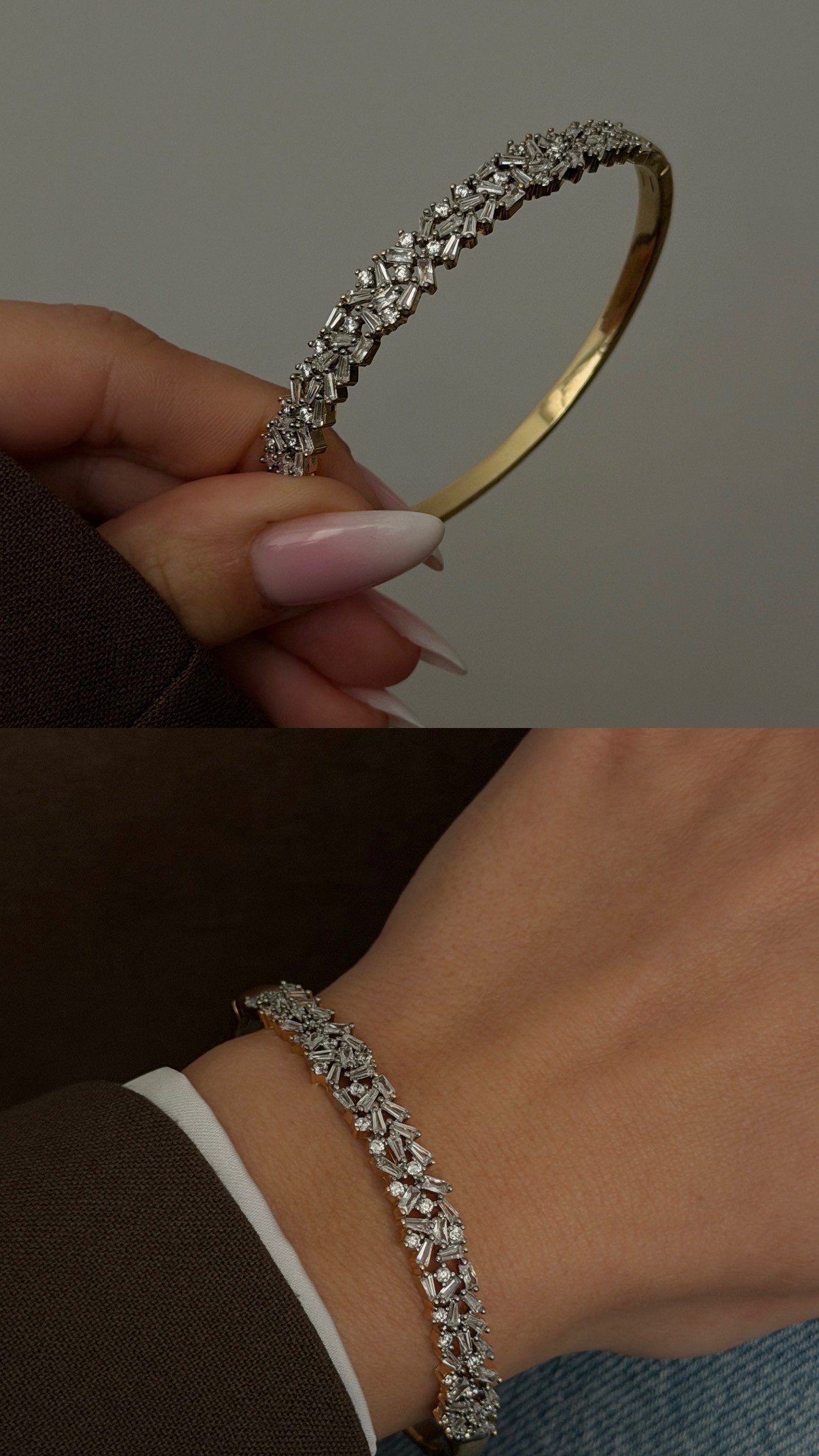 Premium Baget & Markiz Taşlı Gold Kelepçe Kadın Bileklik