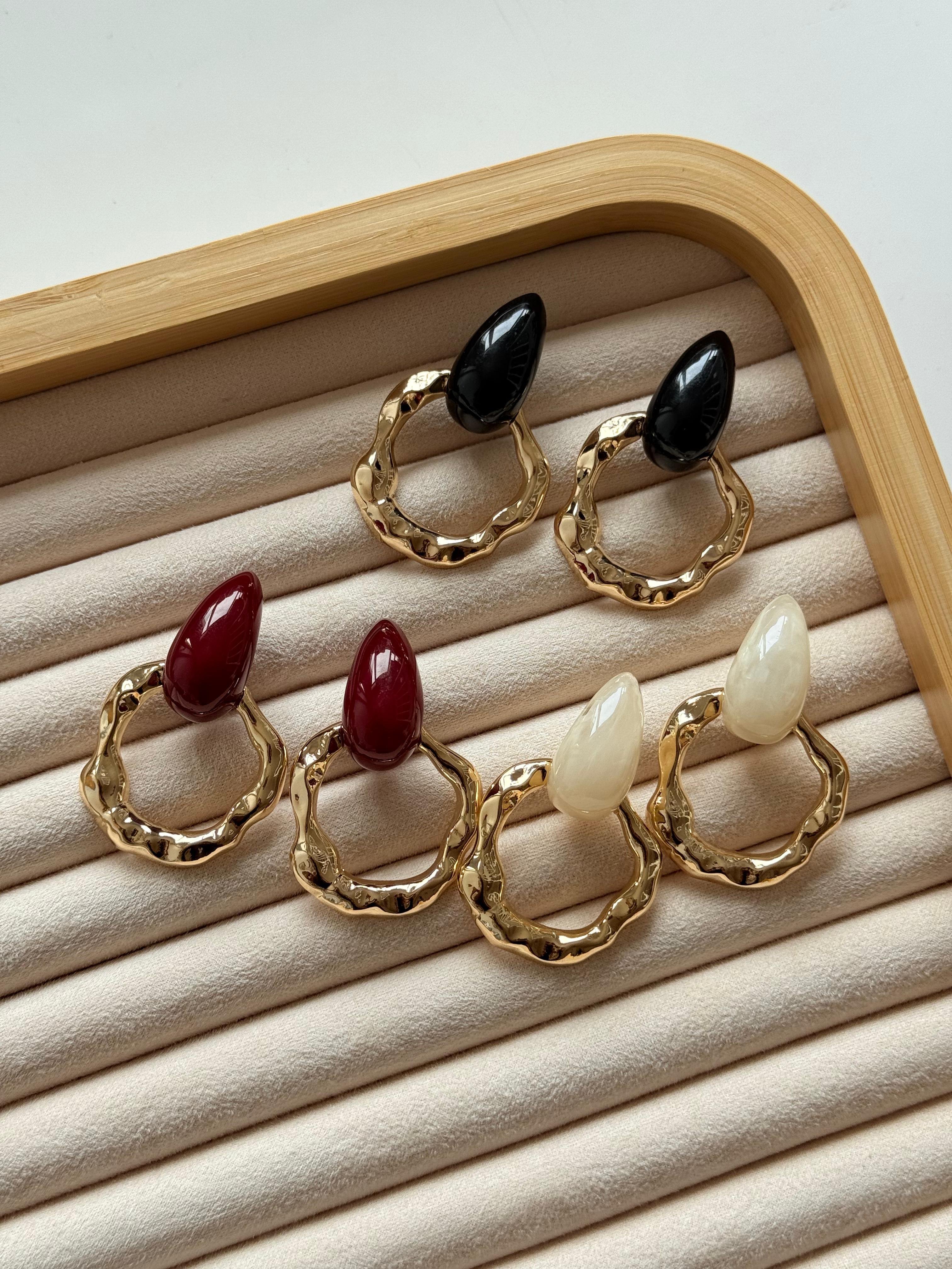 Renkli Damla Taşlı Gold Halka Küpe