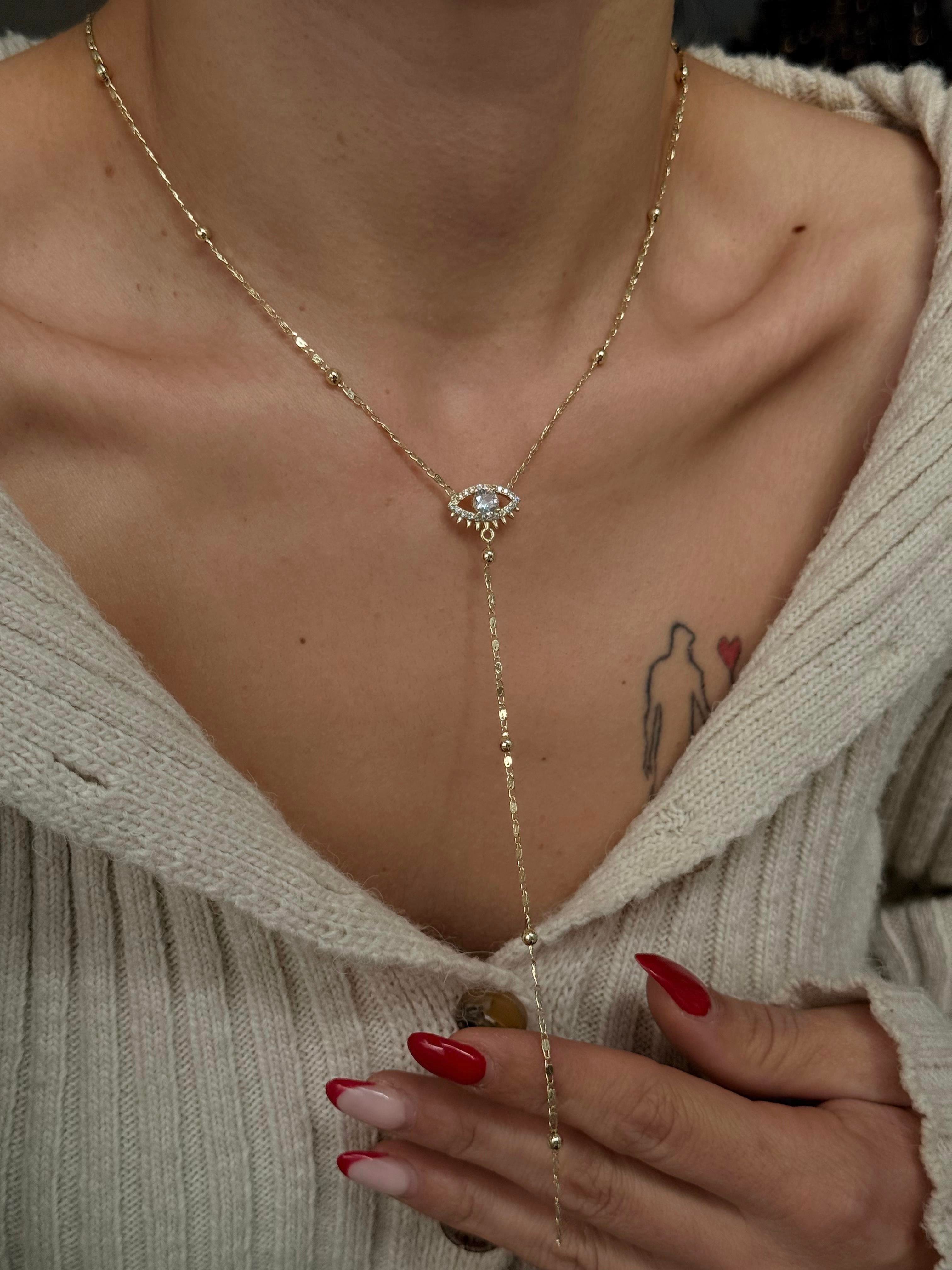 Taşlı Göz Figürlü Y Model Altın Zincir Kolye