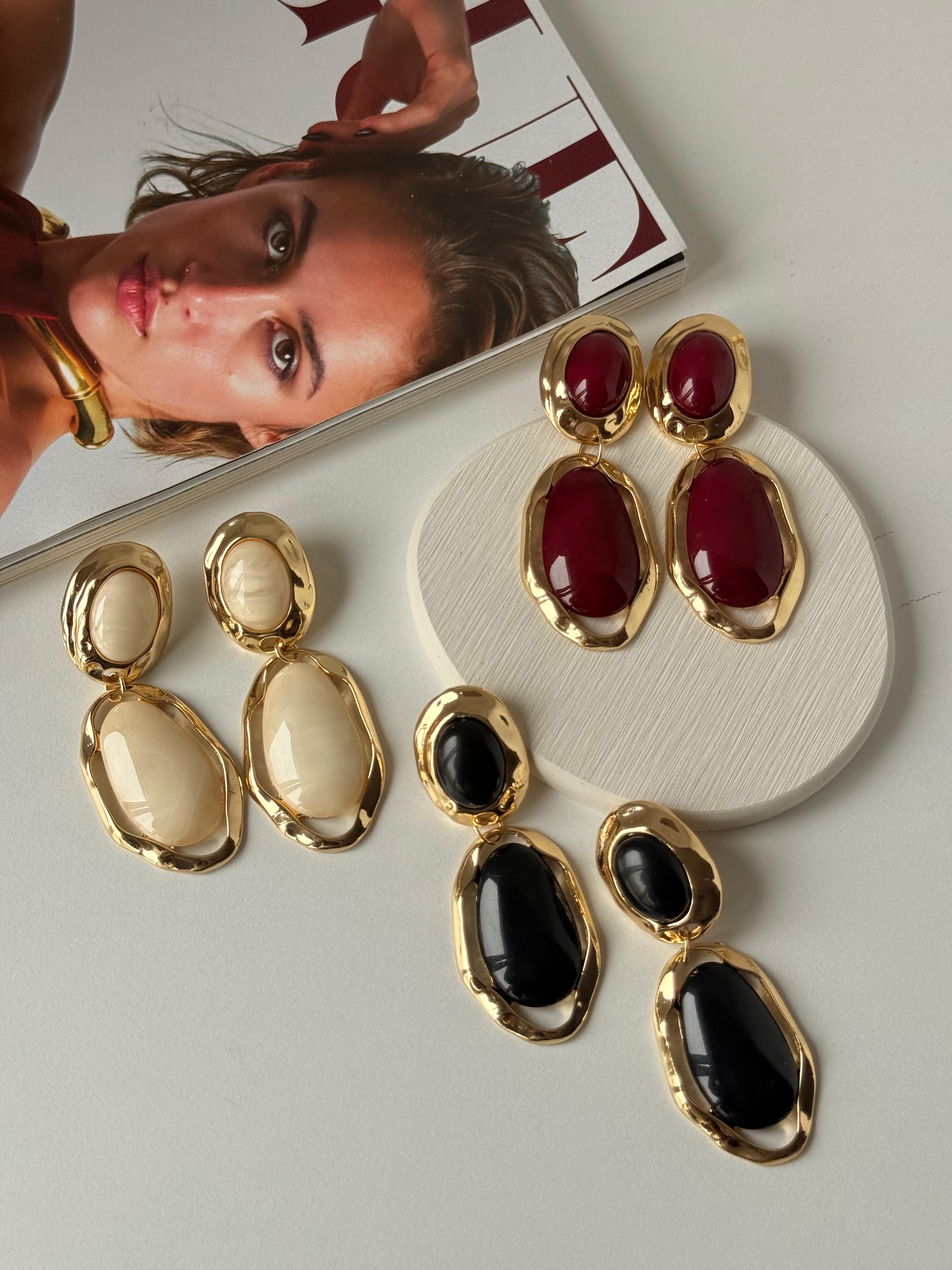 Vintage Gold Çerçeveli Doğal Taş Kadın  Küpe