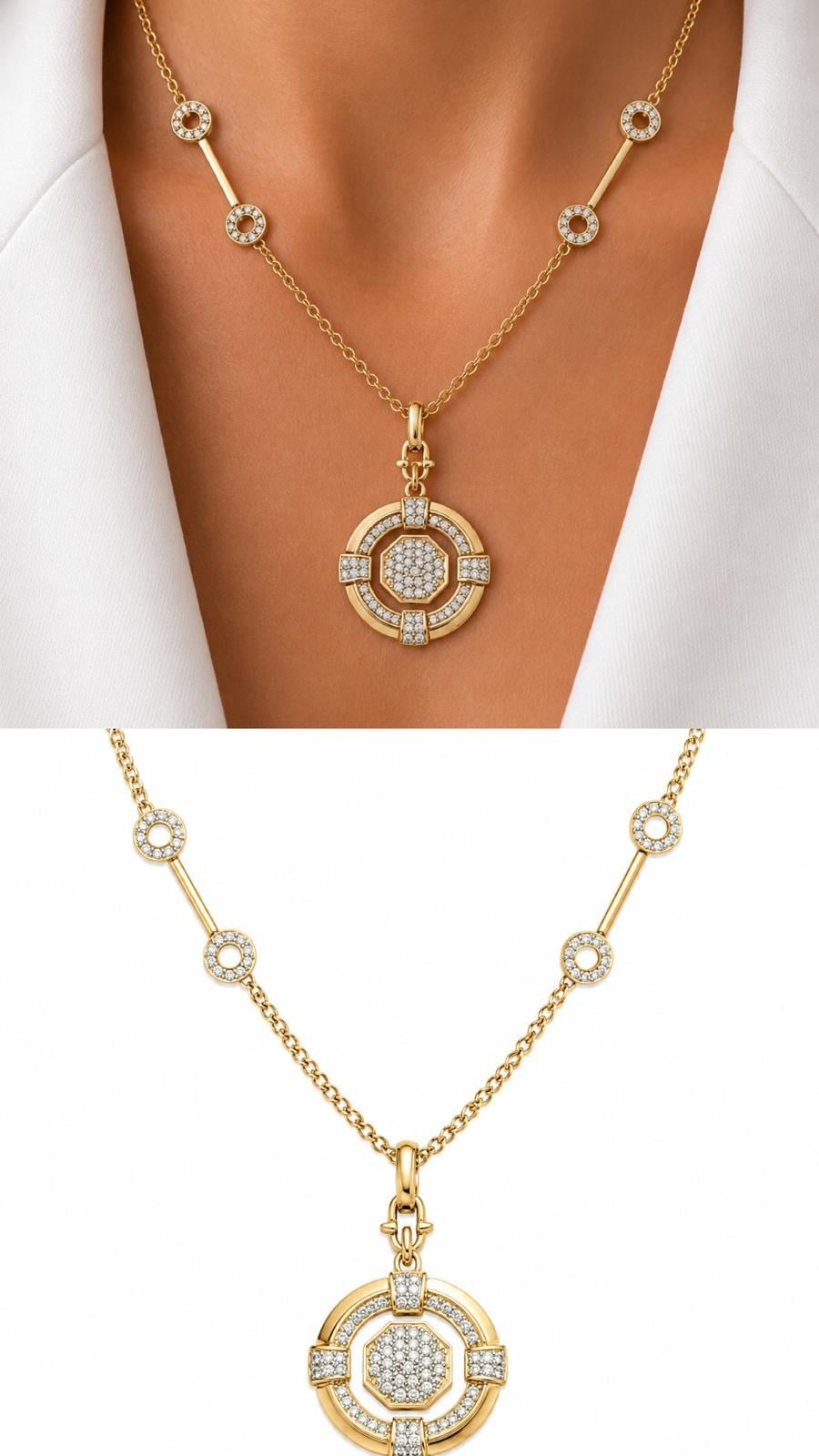 Zirkon Taşlı Gold Madalyon Kolye – Halka Detaylı Zarif Kolye