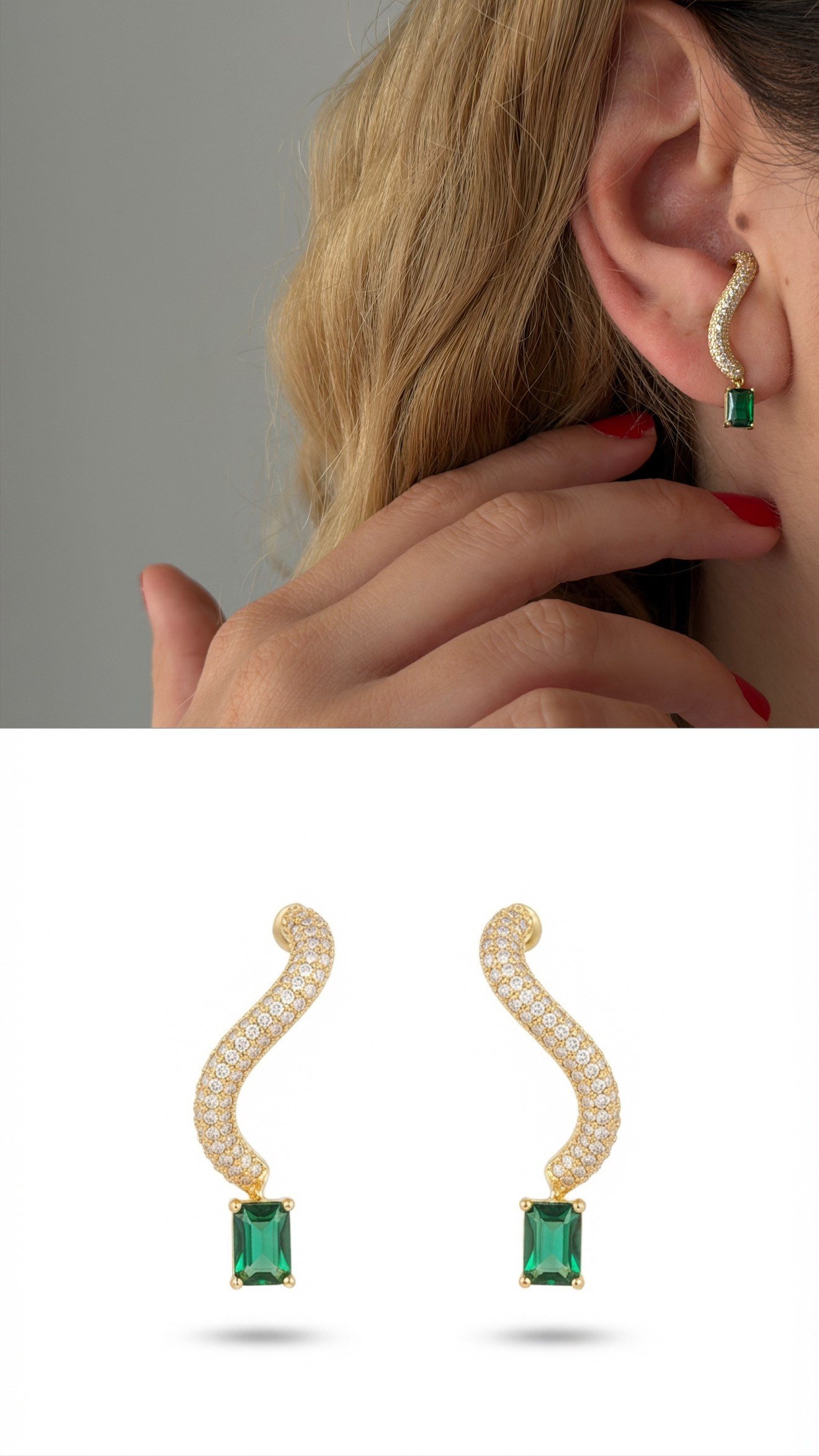 Zümrüt Taşlı Dalga Model Gold Küpe