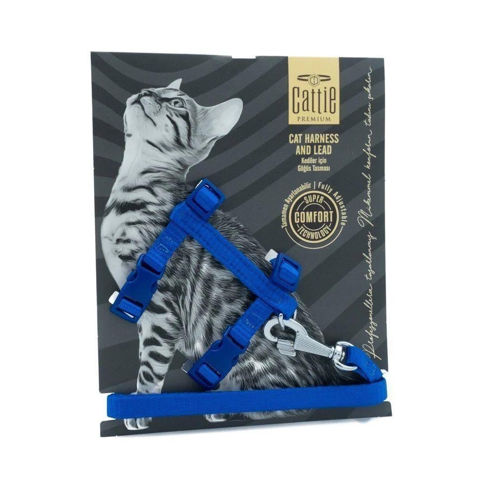 Cattie Dokumadan El Yapımı Kedi Göğüs & Gezdirme Takımı 1x25-40cm - Royal Blue