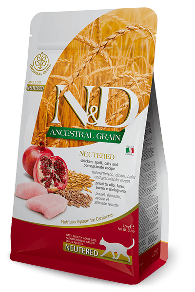 N&D ANCESTRAL GRAIN Tavuk, kılçıksız buğday, yulaf ve nar. Yetişkin kısırlaştırılmış kediler için formüle edilmiş tam mamadır. 1.5kg