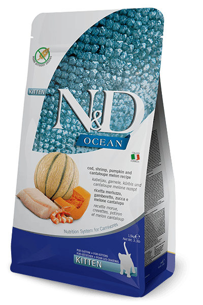 N&D OCEAN Morina balığı, karides, balkabağı ve kavun. Yavrular, gebe ve emziren dişi kediler için formüle edilmiş tam mamadır. 1.5kg
