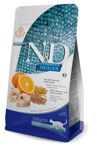 N&D OCEAN Morina balığı, kılçıksız buğday, yulaf ve portakal. Yetişkin kediler için formüle edilmiş tam mamadır.1.5kg