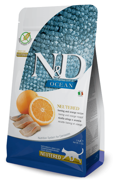 N&D OCEAN Ringa balığı ve portakal. Yetişkin kısırlaştırılmış kediler için formüle edilmiş tam mamadır. 1.5kg
