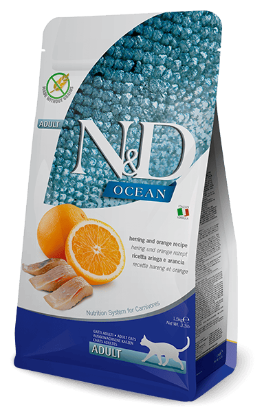 N&D OCEAN Ringa balığı ve portakal. Yetişkin kediler için formüle edilmiş tam mamadır. 1.5kg