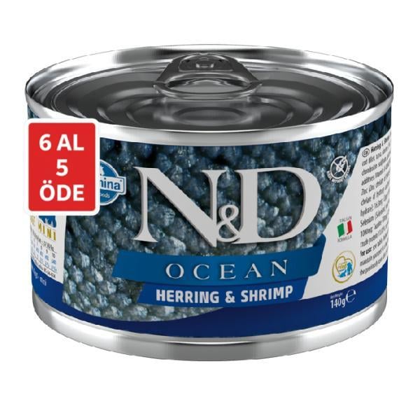 N&D Ocean Ringa Balıklı ve Karidesli Tahılsız Küçük Irk Yetişkin Köpek Konservesi 6X140gr