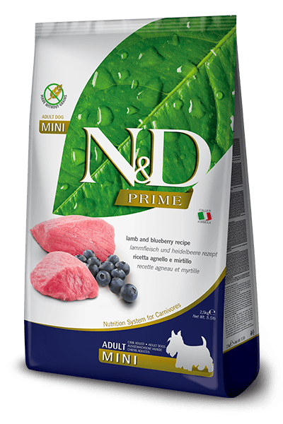 N&D PRIME Kuzu eti ve yaban mersini. Yetişkin köpekler için formüle edilmiş tam mamadır. 2.5kg
