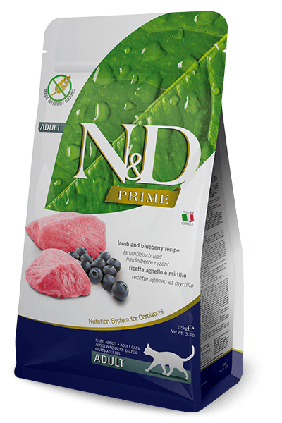 N&D PRIME Kuzu ve yaban mersini. Yetişkin kediler için formüle edilmiş tam mamadır.1.5kg