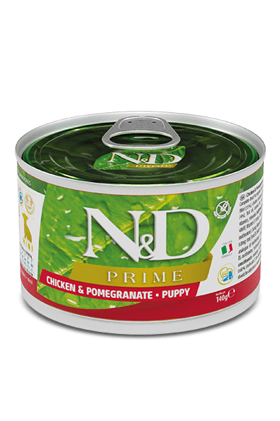N&D PRIME Tavuk & Nar. Yavru köpekler, gebe veya emziren yetişkin köpekler için formüle edilmiş tam mamadır. 140gr
