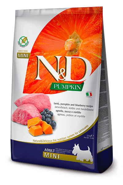 N&D PUMPKIN Kuzu, balkabağı ve yaban mersini. Yetişkin köpekler için formüle edilmiş tam mamadır.2.5kg
