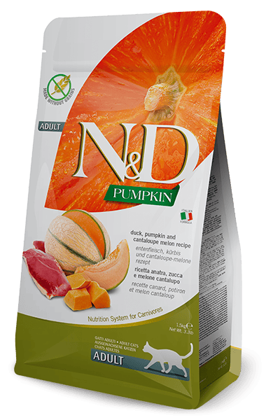 N&D PUMPKIN Ördek, balkabağı ve kavun. Yetişkin kediler için formüle edilmiş tam mamadır. 1.5kg
