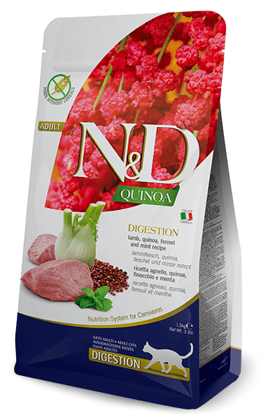 N&D Quinoa Digestion, Kuzu, kinoa, rezene ve nane. Beslenme bozukluğu ve egzokrin pankreas yetmezliği yaşayan kediler için tavsiye edilen diyetetik tam mamadır. 1.5kg