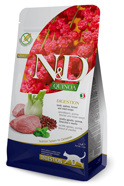 N&D Quinoa Digestion, Kuzu, kinoa, rezene ve nane. Beslenme bozukluğu ve egzokrin pankreas yetmezliği yaşayan kediler için tavsiye edilen diyetetik tam mamadır. 1.5kg