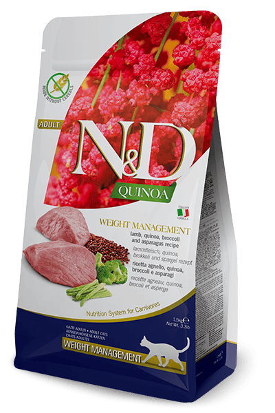 N&D QUINOA Kuzu, kinoa, brokoli ve kuşkonmaz. Yetişkin kediler için diyetetik tam mamadır. 1.5 kg