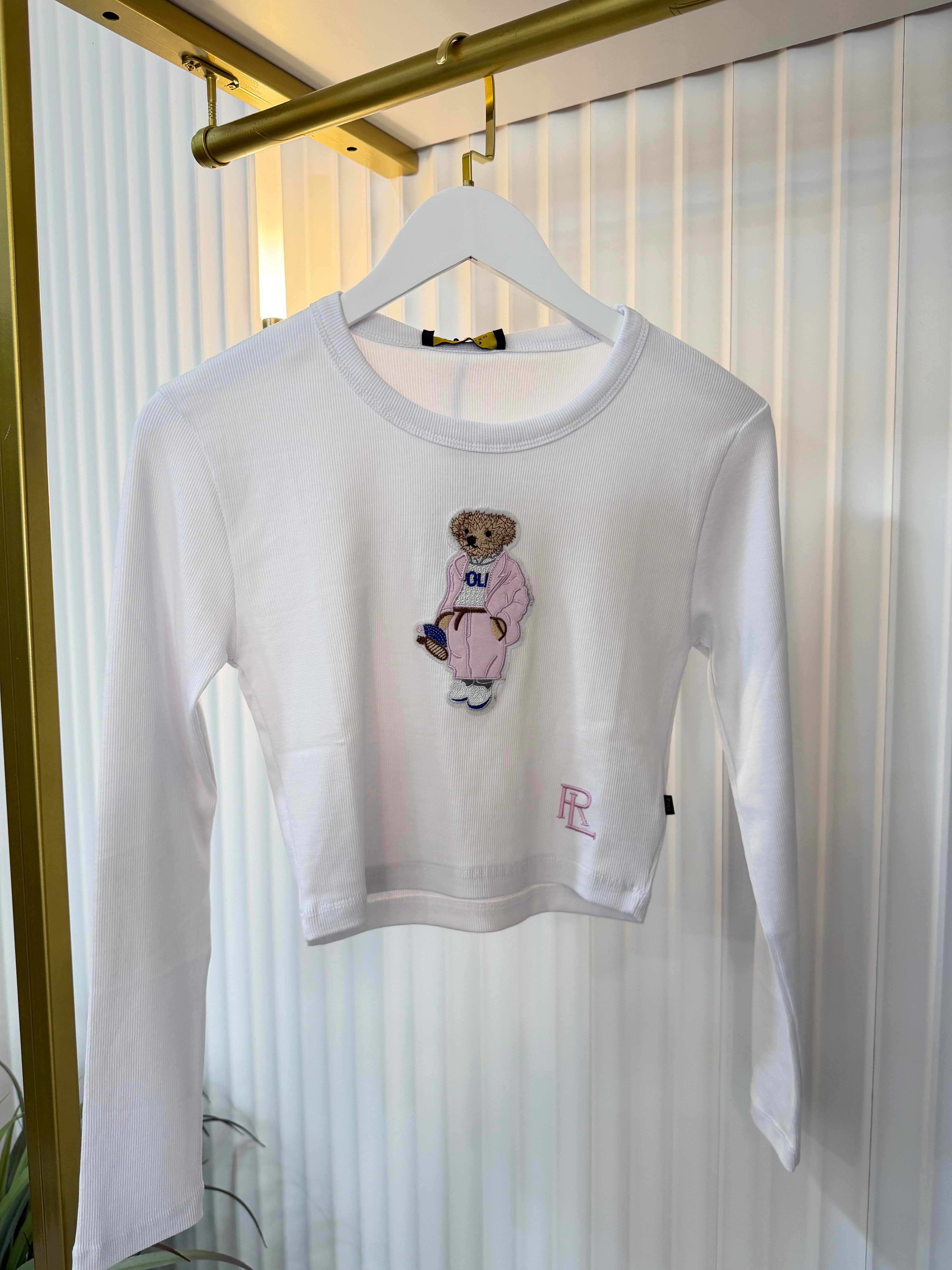 Pink bear white top