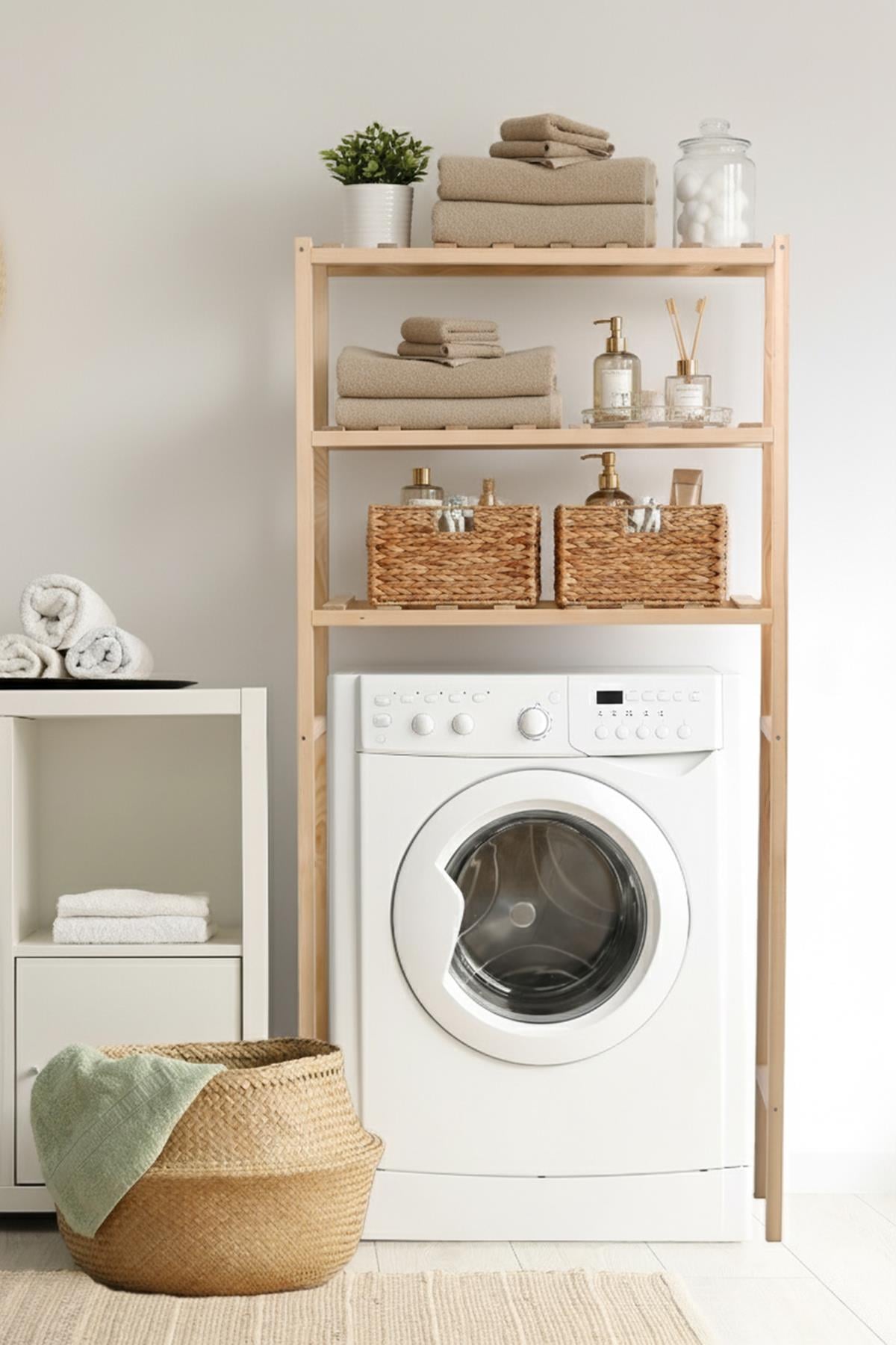 Ahşap Çamaşır Makinesi Üstü 3 Katlı Düzenleyici, Banyo Rafı, Çok Amaçlı Dolap