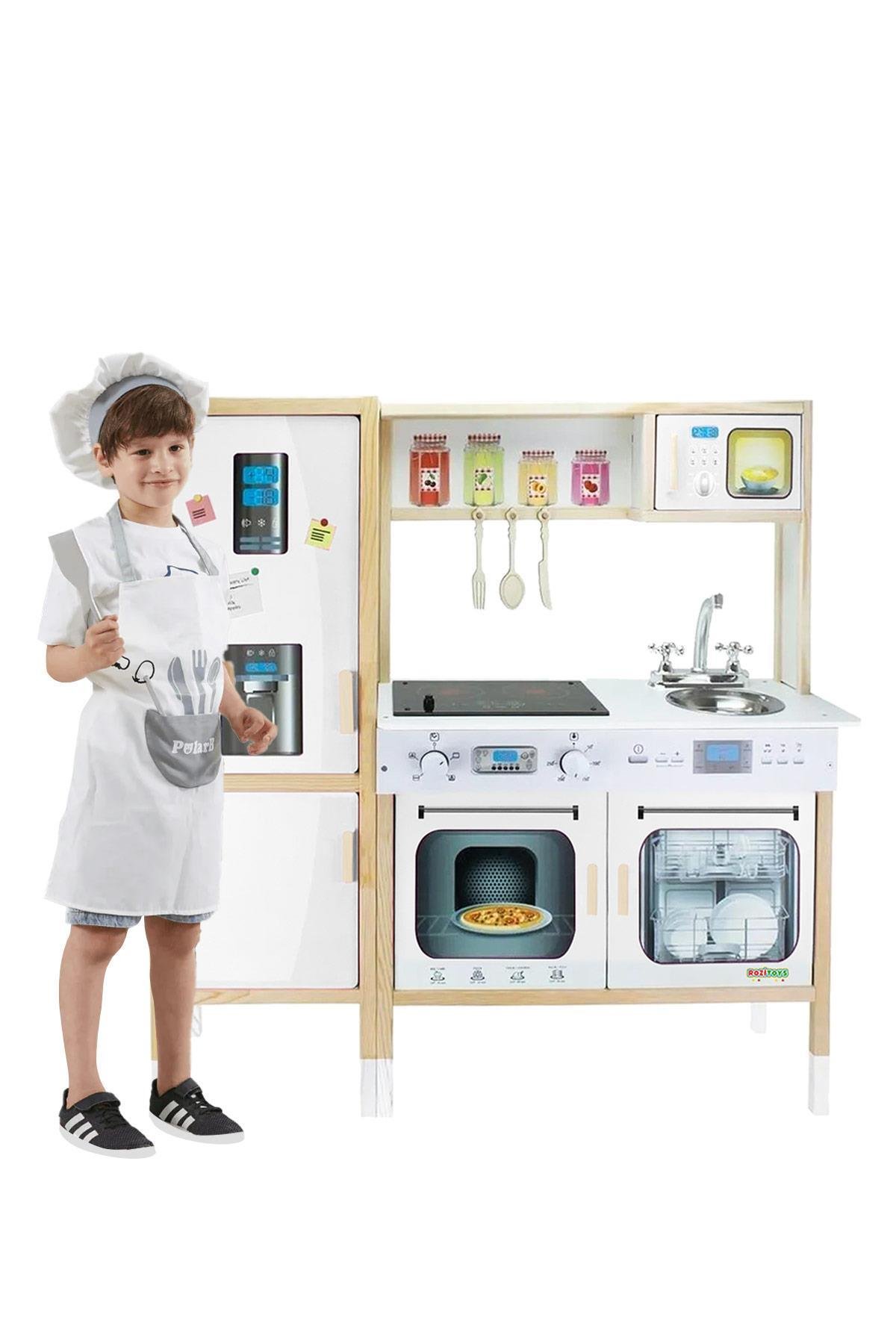 Beyaz Ahşap Ledli Çocuk Mutfağı Beyaz, Ahşap Mutfak Oyuncağı, Hediye Çocuk Halısı Dbk103