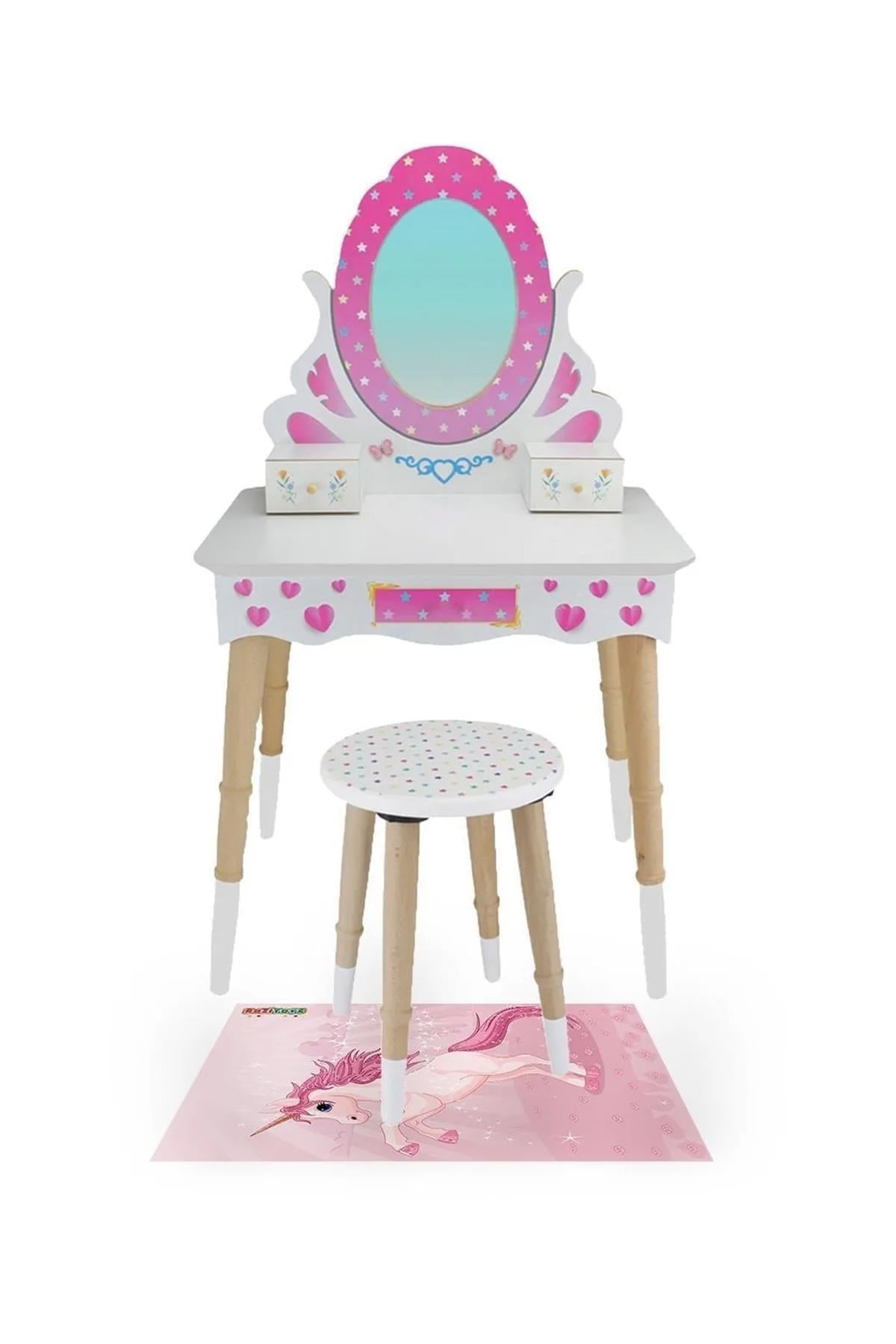 ÇG68 Ahşap Çocuk Makyaj Masası Seti Tabureli, Pembe Makyaj Masası Seti, Hediye Çocuk Halısı T3006