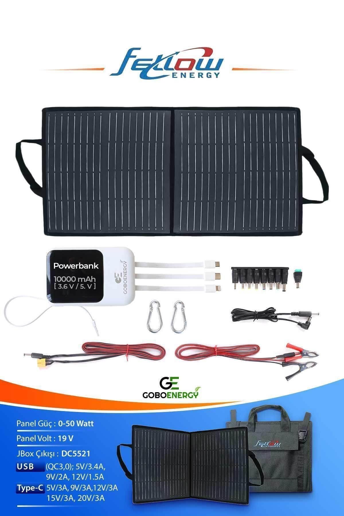 Fellow 50w Katlanabilir Çanta Tipi Solar Güneş Panel Seti + Powerbank