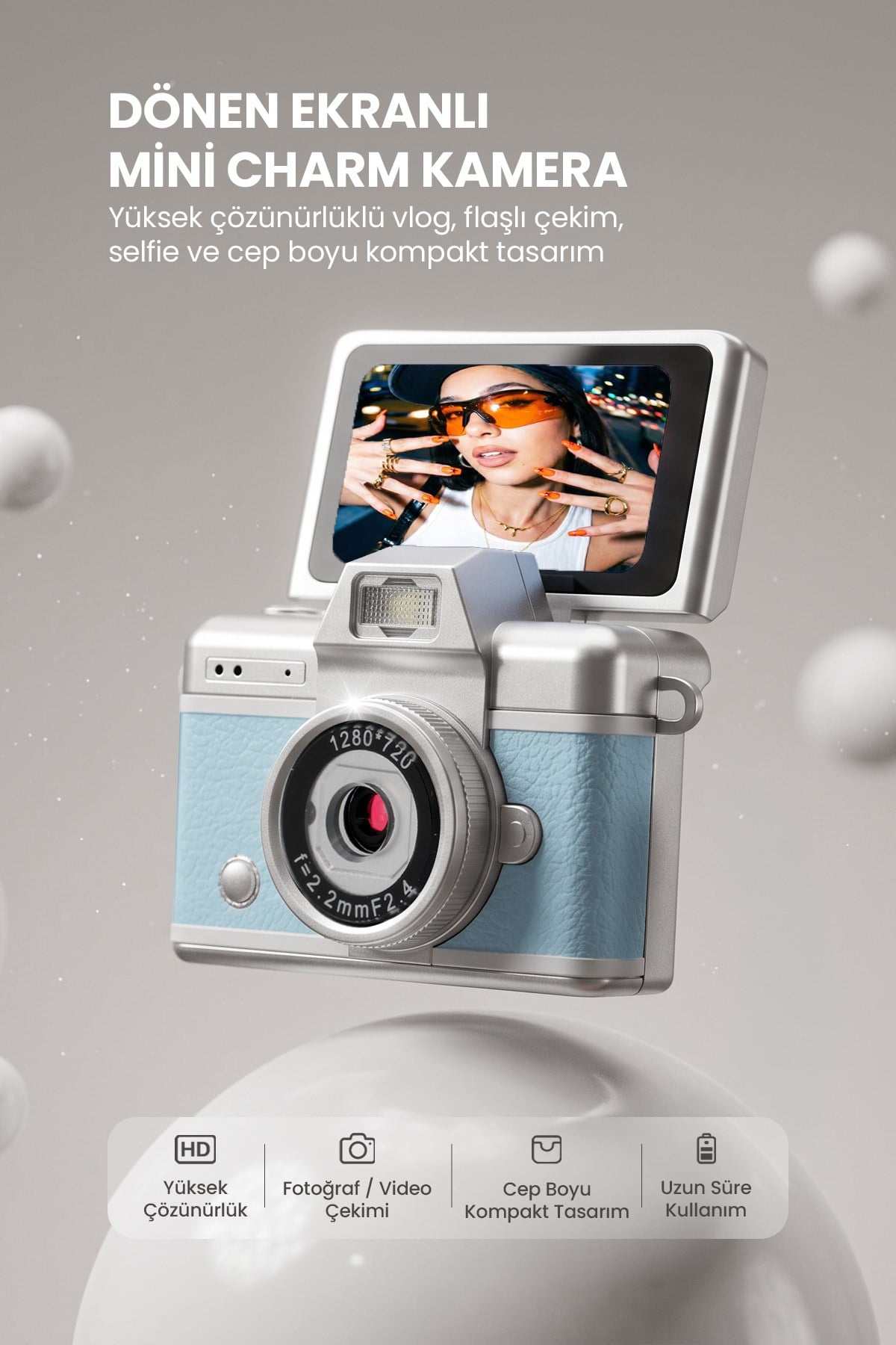 Mini Kamera Dönen Ekran Flaşlı Selfie Video Vlog Kamerası Anahtarlık LK-027 
