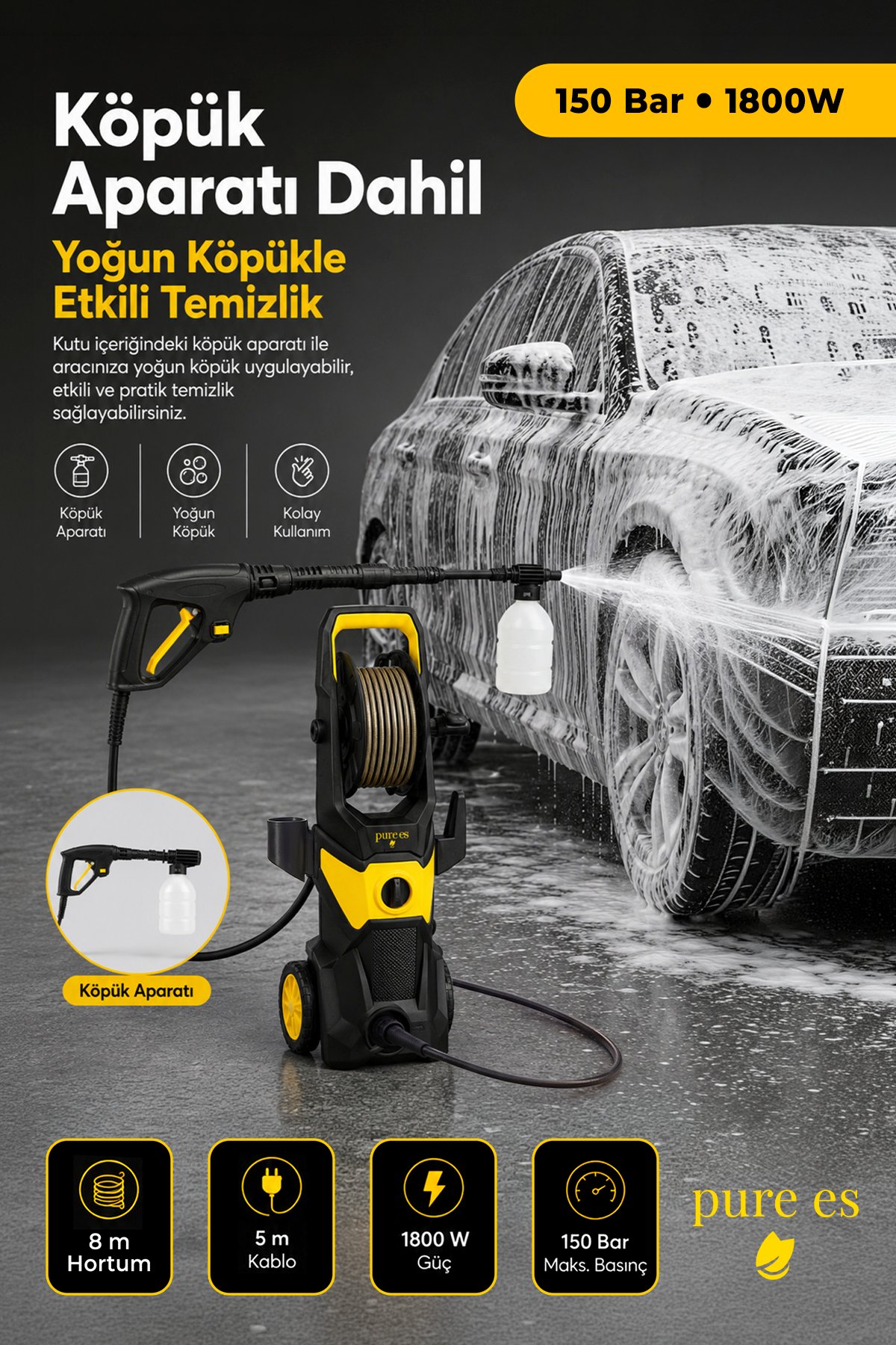 Orijinal 150 Bar Yüksek Basınçlı Yıkama Makinesi 1800W Kovadan Su Çekme ve Musluk Bağlantılı Köpük Aparatlı Oto Yıkama