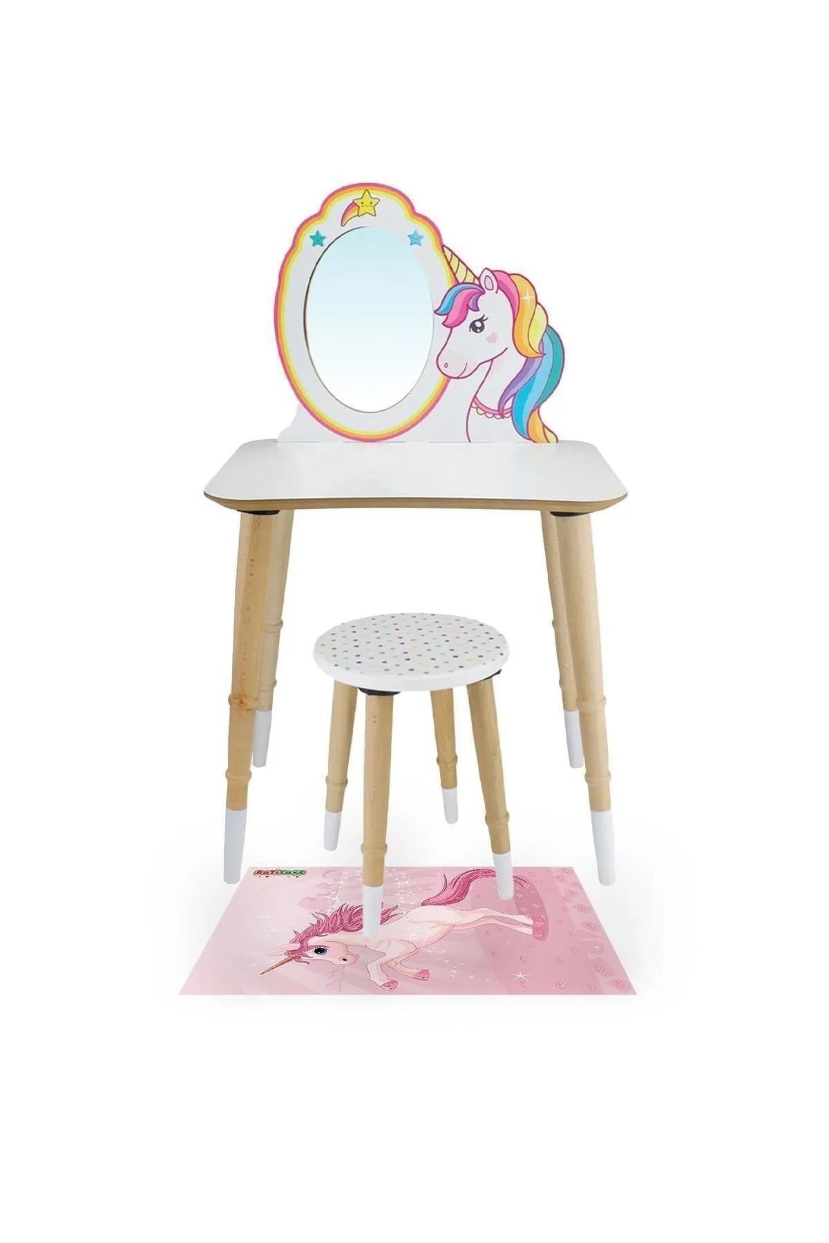 T3004 Ahşap Çocuk Makyaj Masası Tabureli, Unicorn Çocuk Makyaj Masas ÇG74ı