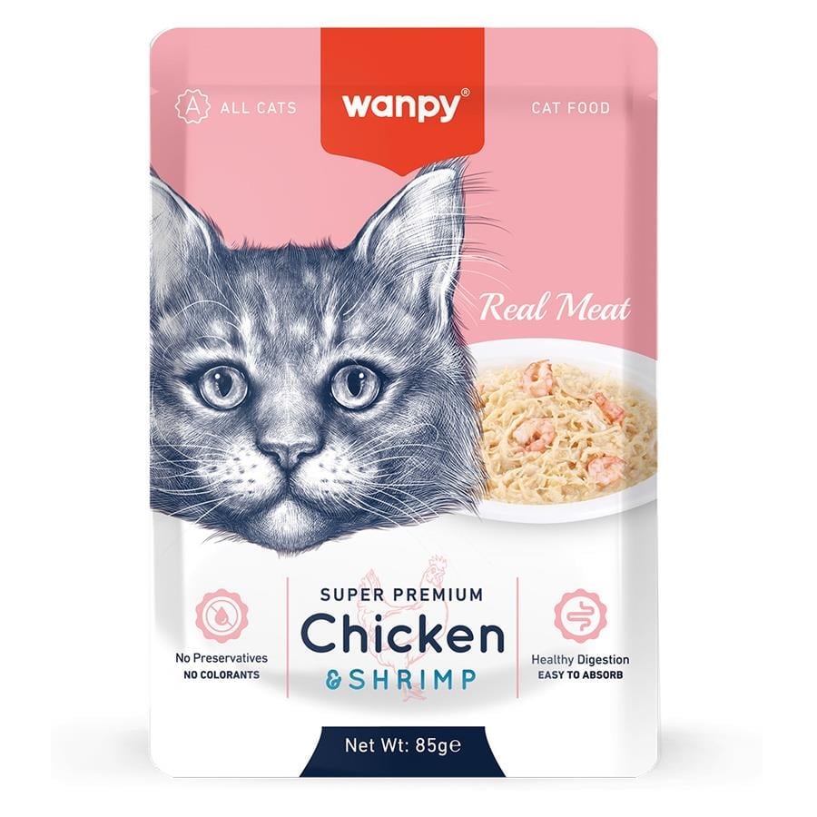 wanpy PIWP-075 Wanpy 85 gr Pouch Tavuklu & Karidesli Yaş Kedi Maması 12 Adet