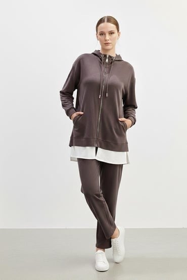 Kahve Kapüşonlu Fermuarlı Tunik Pantolon Takımı