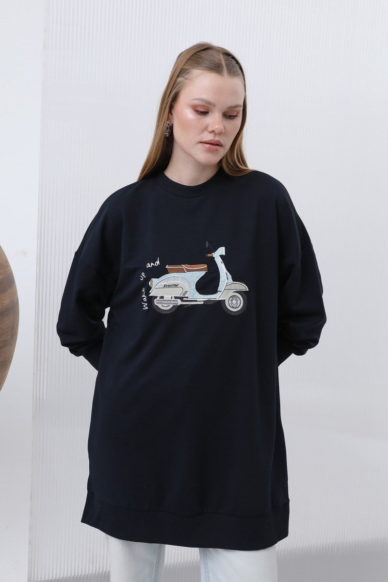 Lacivert Scooter Nakış İşlemeli Tunik
