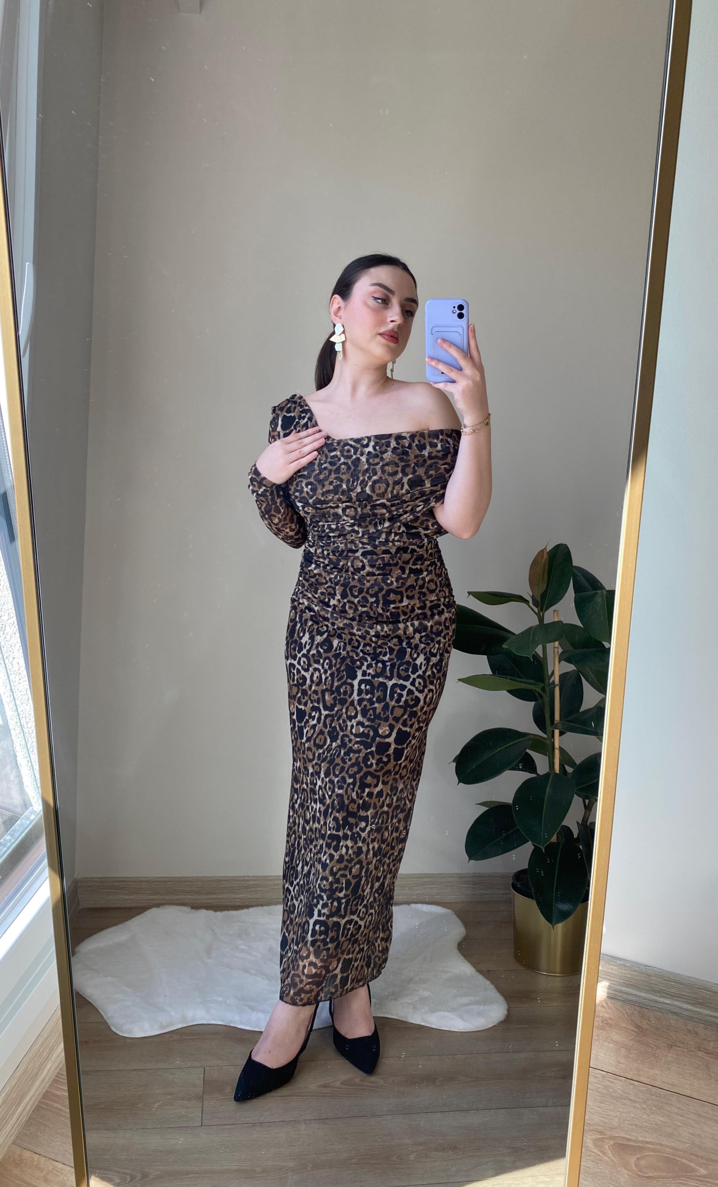 LEOPAR YARIM KOL ELBİSE