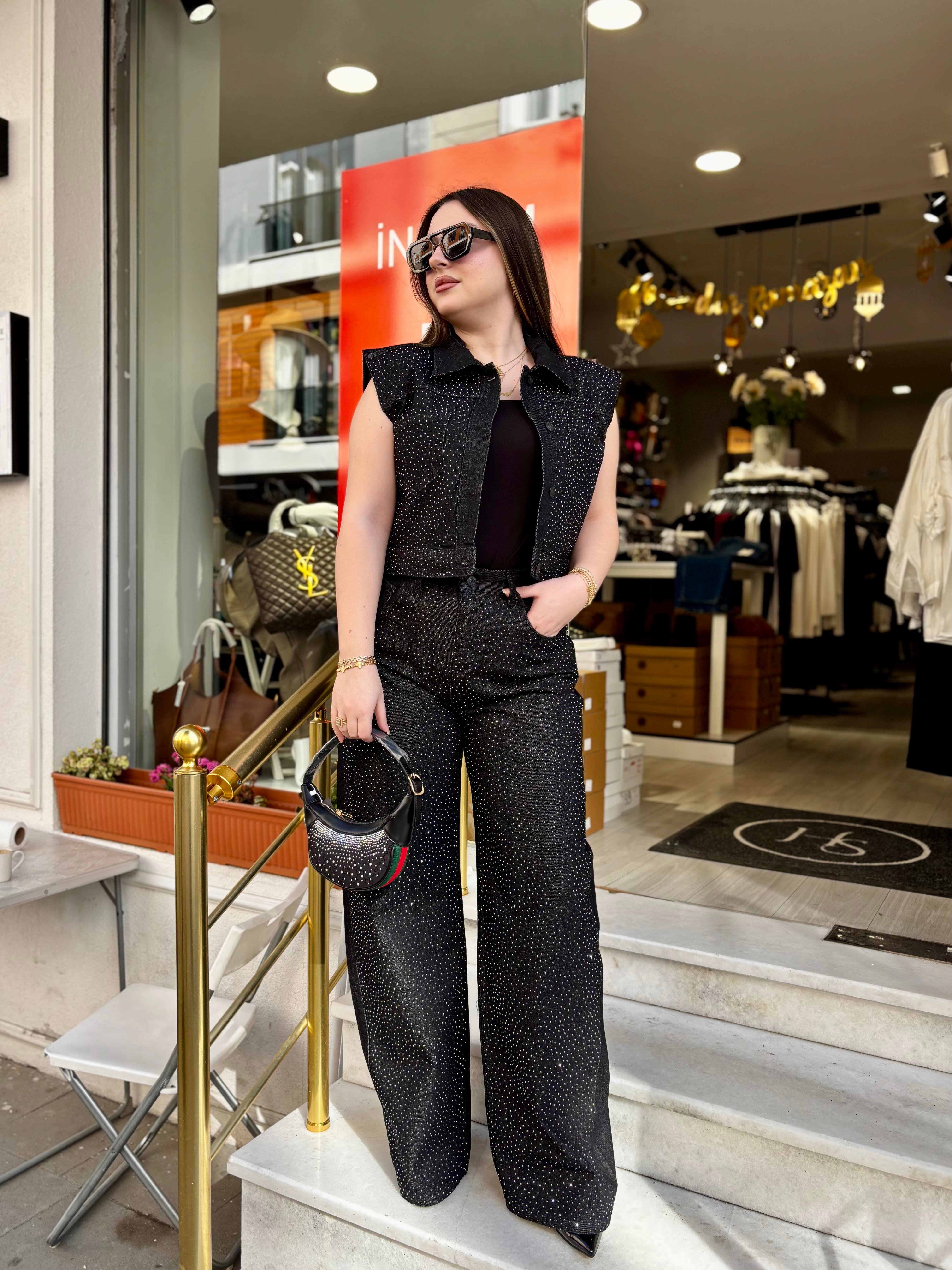Taşlı denim takım siyah