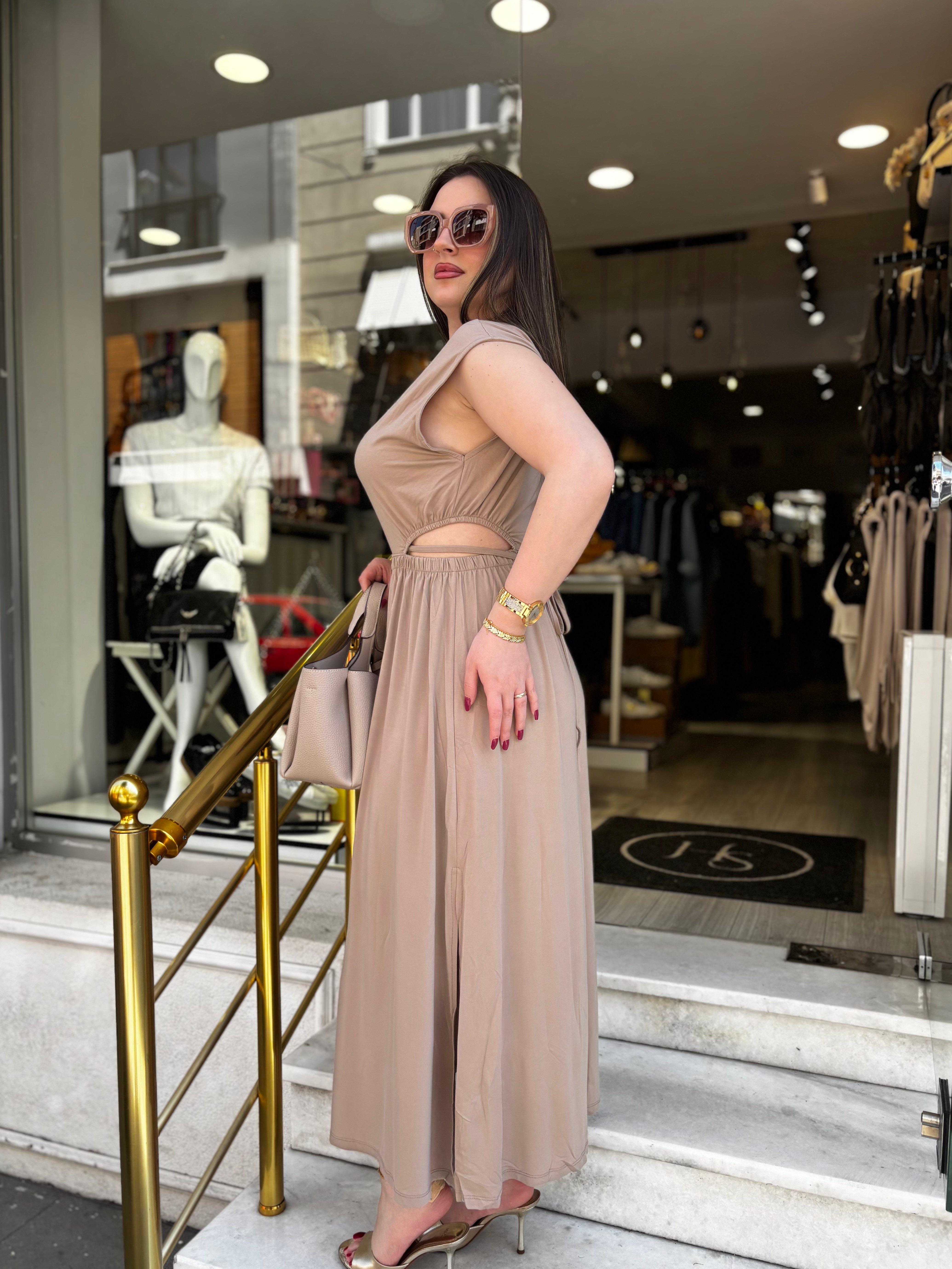 Yanı Açık Elbise Krem
