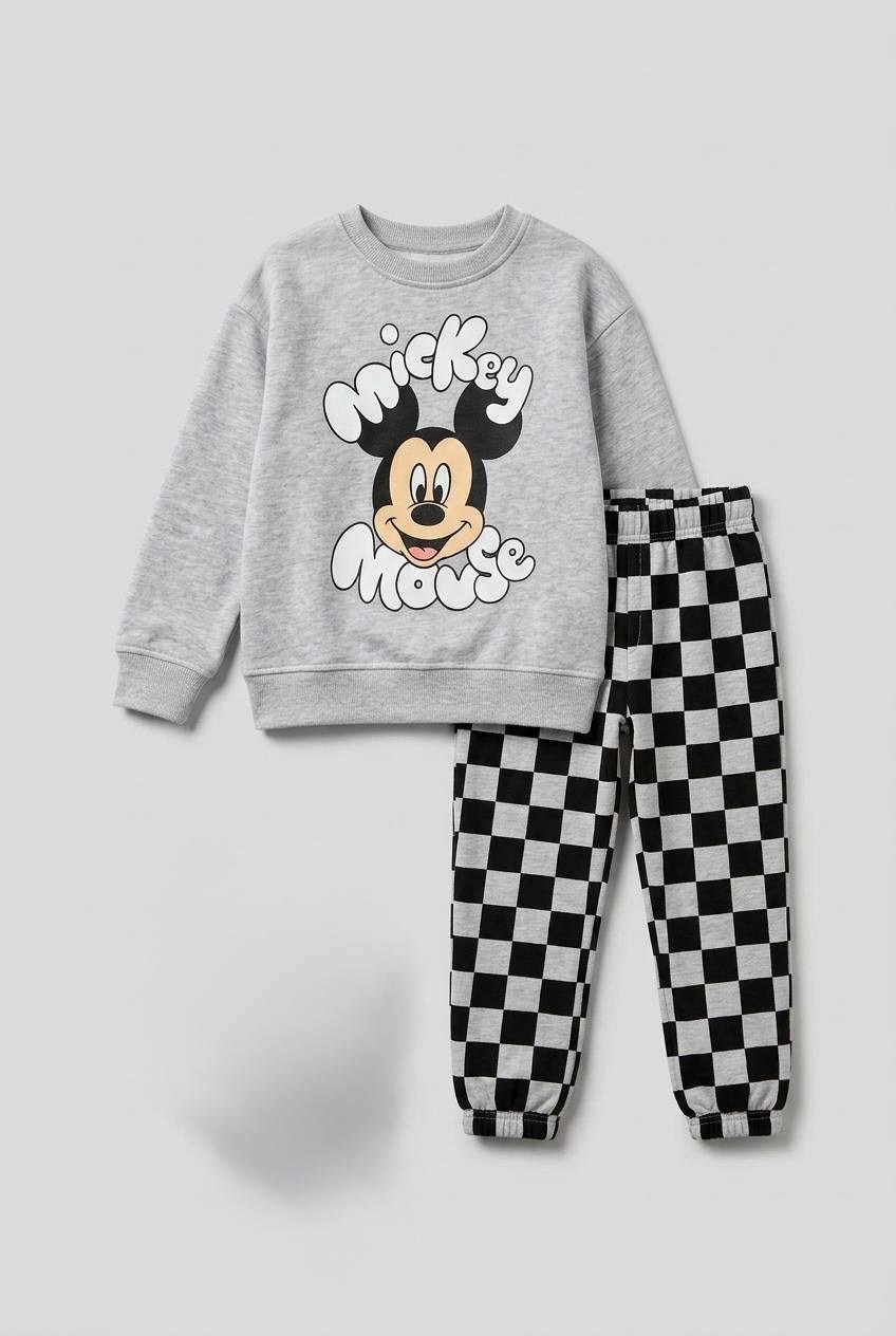 3 iplik erkek çocuk %98 pamuk Mickey damalı takım