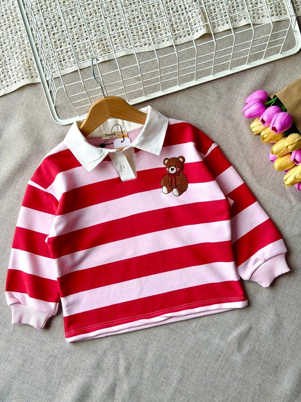 3 iplik kız çocuk teddy nakışlı çizgili sweatshirt 