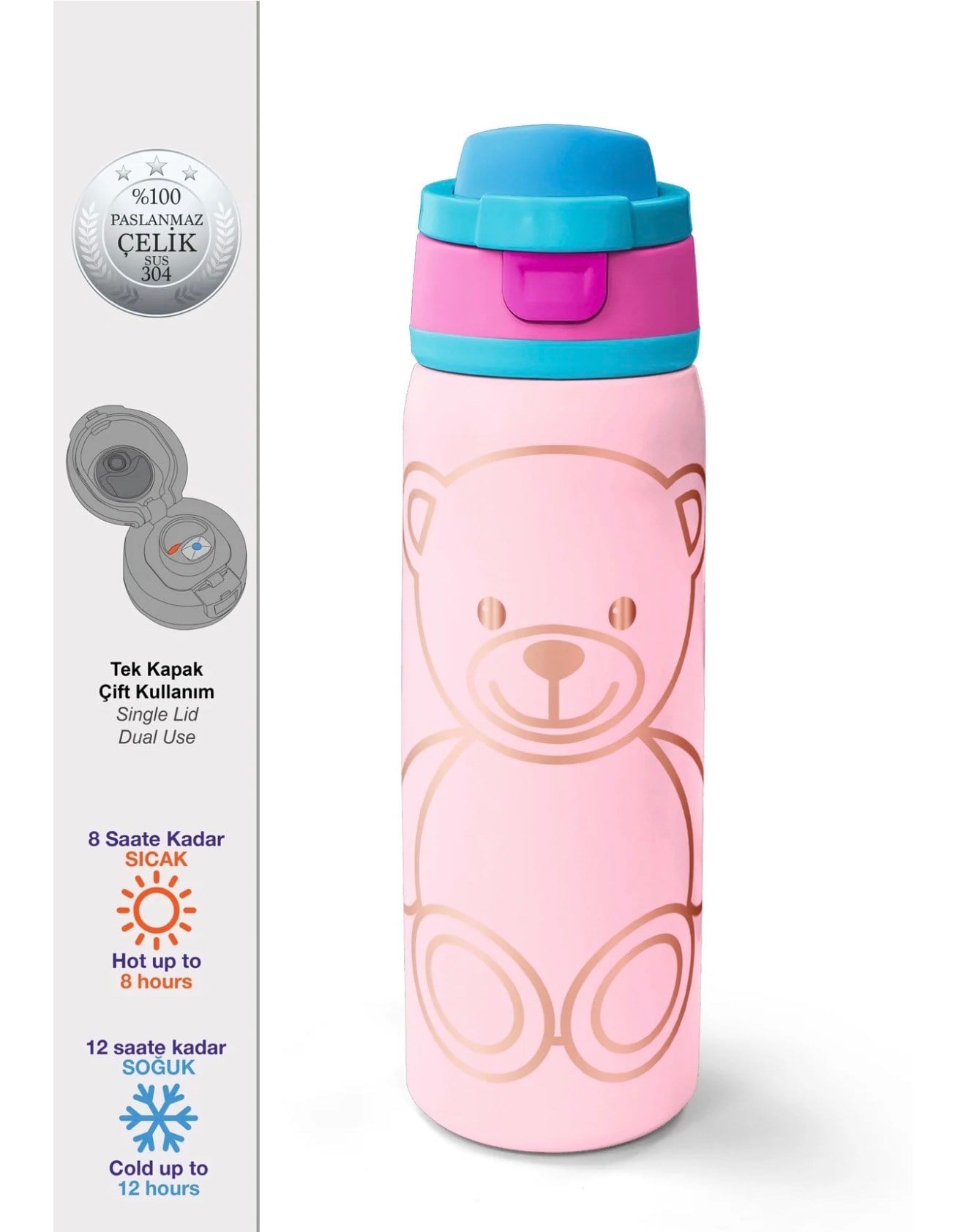 Coral High Ayıcık Desenli Pipetli ve Direkt İçim Çelik Termos 800 ml 38590