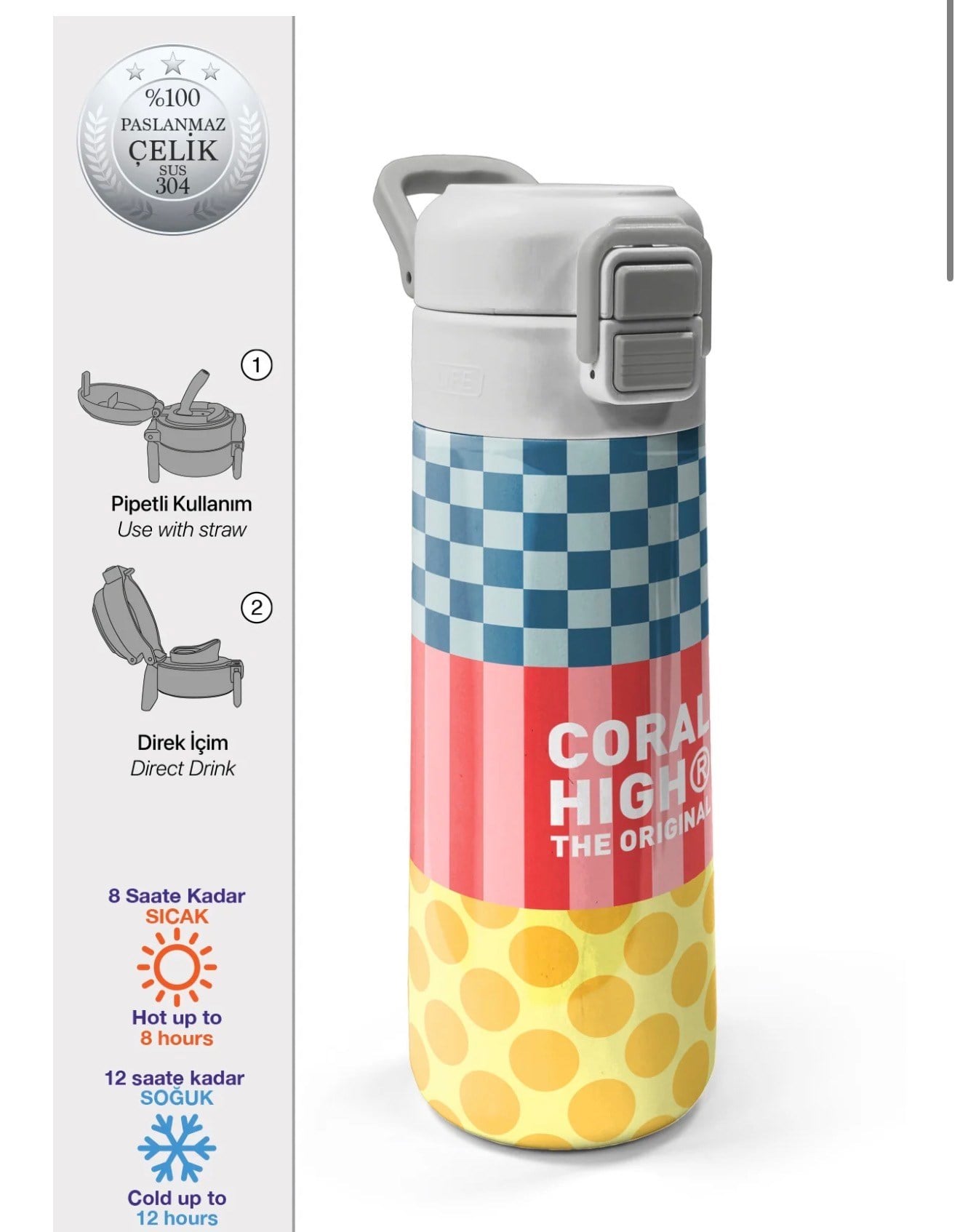 Coral High Kids Çok Renkli Dama Çizgi Puantiye Desenli Pipetli ve Direkt İçim Çelik Termos 500 ml 38104