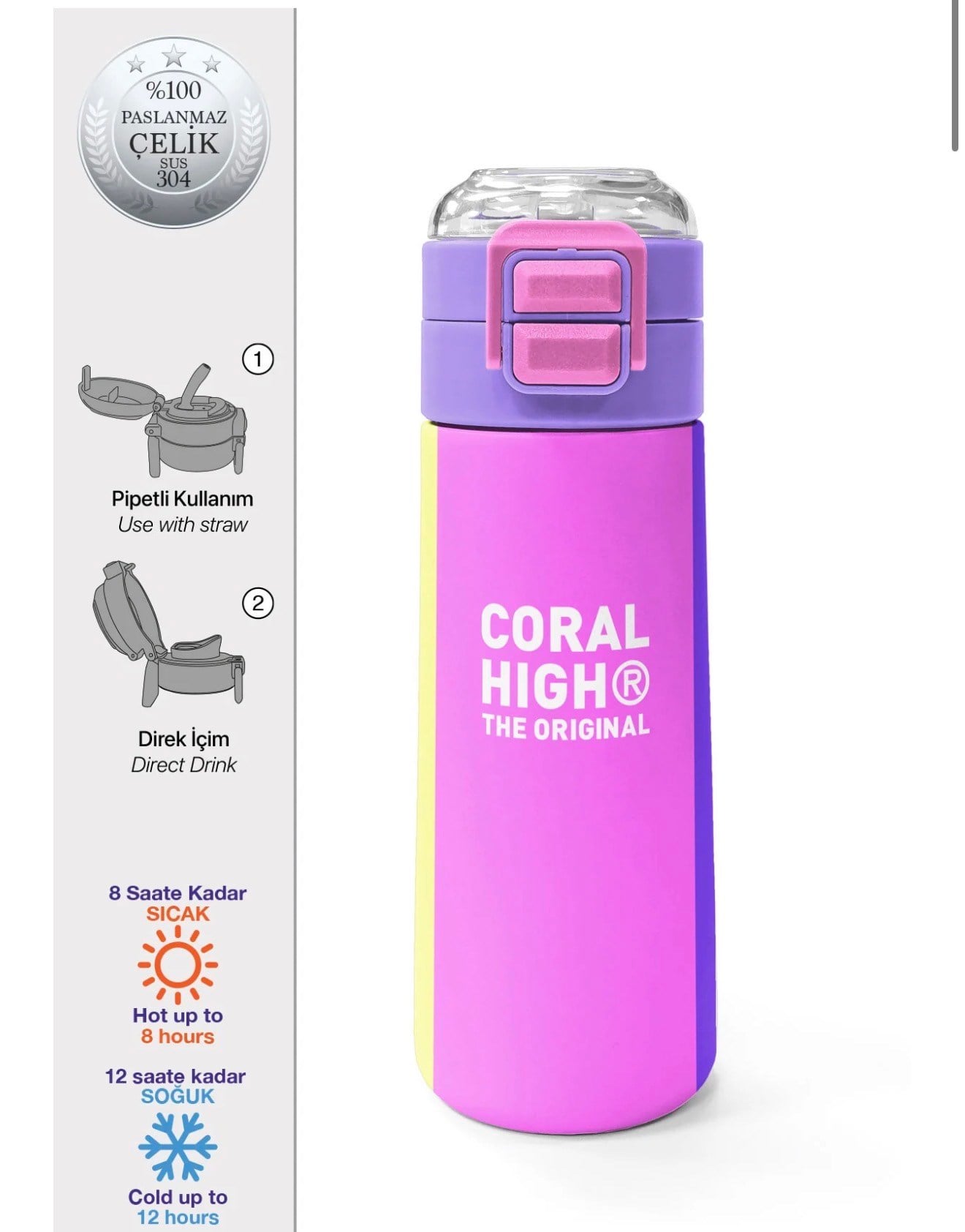 Coral High Kids Çok Renkli Desenli Pipetli ve Direkt İçim Çelik Termos 500 ml 31876