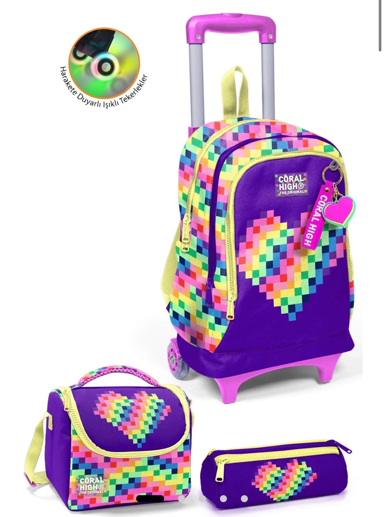 Coral High Kids Çok Renkli Piksel Kalp Desenli 3'lü Okul Çanta Seti SET0133208