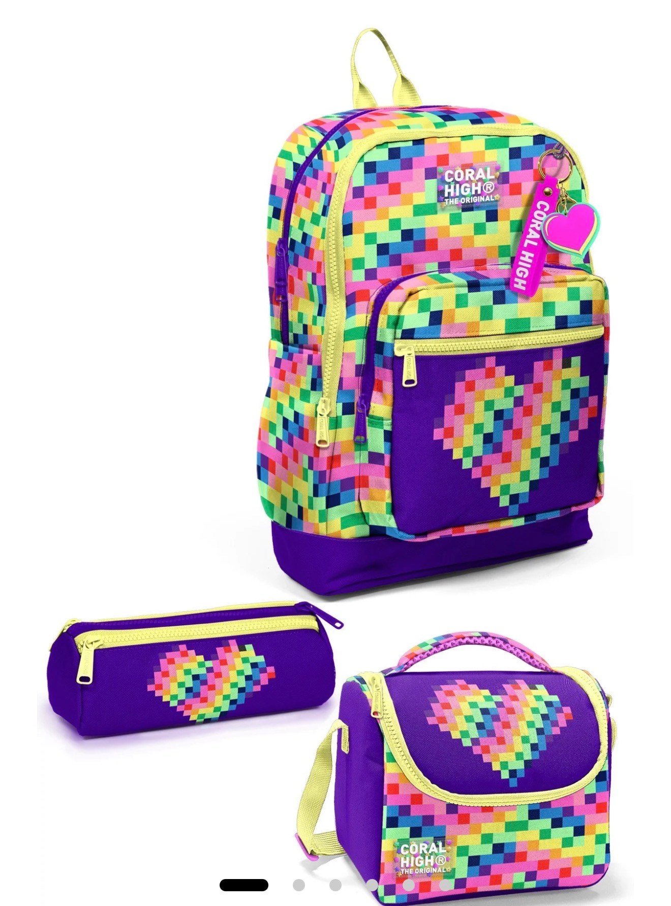 Coral High Kids Çok Renkli Piksel Kalp Desenli 3'lü Okul Çanta Seti SET0133208