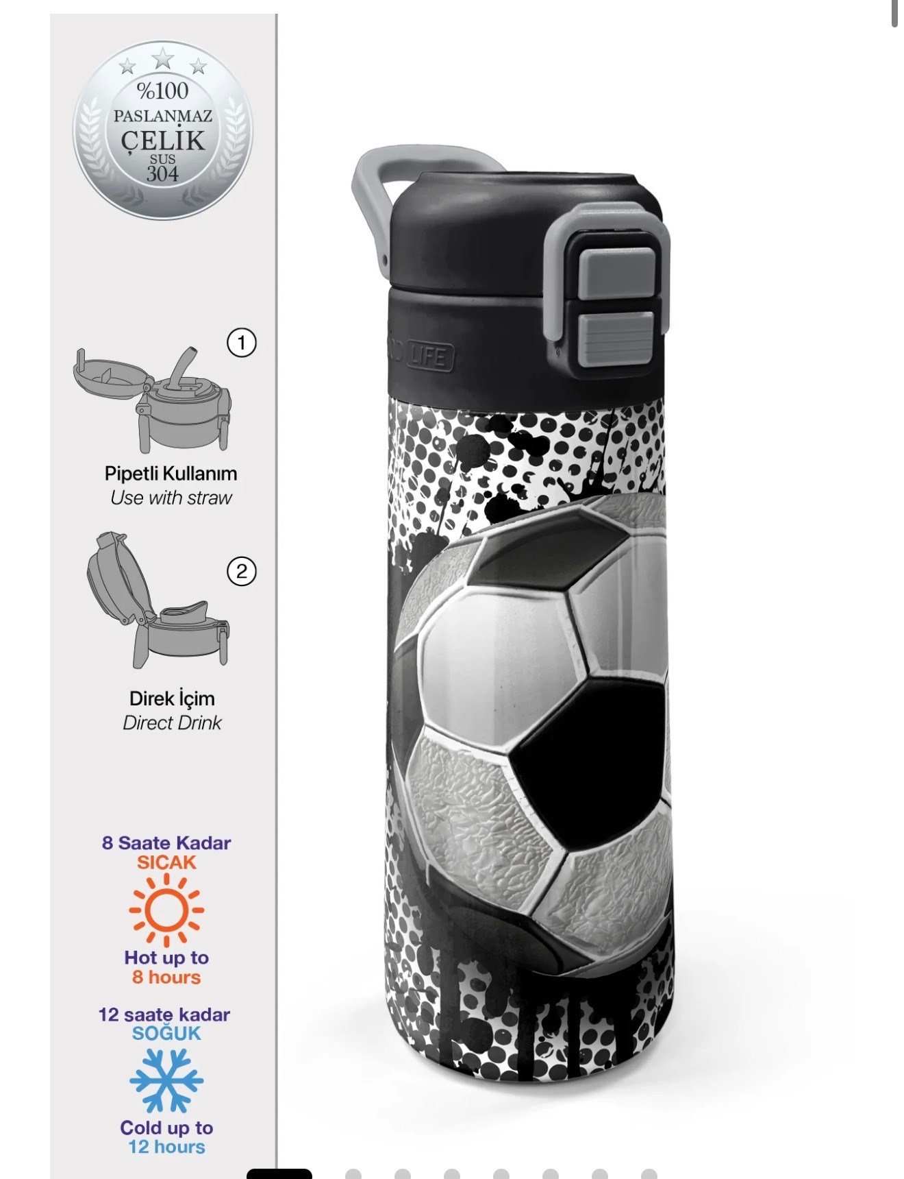 Coral High Kids Futbol Desenli Pipetli ve Direkt İçim Çelik Termos 500 ml 31816
