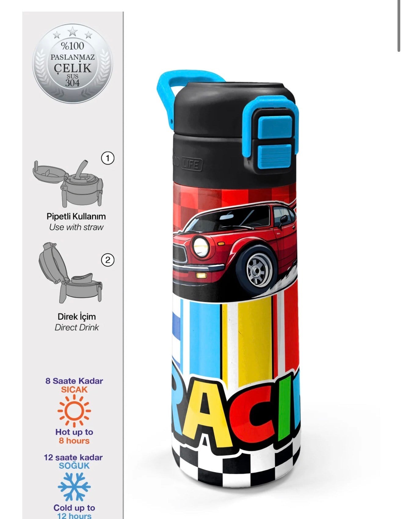 Coral High Kids Kırmızı Araba Desenli Pipetli ve Direkt İçim Çelik Termos 500 ml 38139