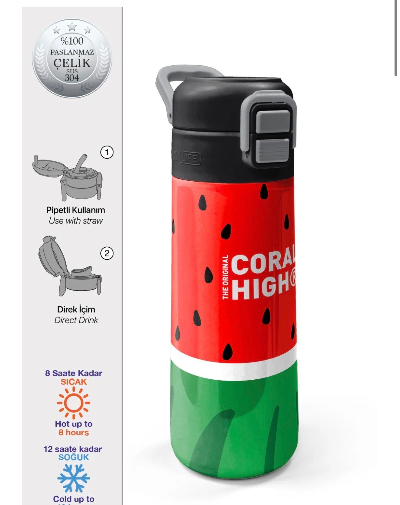 Coral High Kids Kırmızı Yeşil Karpuz Desenli Pipetli ve Direkt İçim Çelik Termos 500 ml 31866